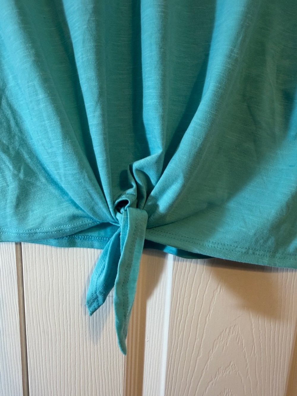 Notations Turquoise V-Neck Tie-Front Top with Crochet Trim Sleeves - Picture 4 of 8